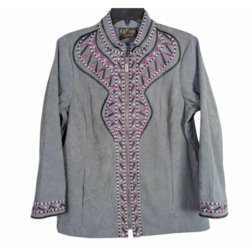 Bob Mackie Wearable Art Gray & Purple metallic embroidered zip jacket blazer S